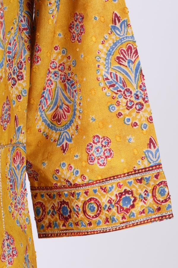 Mustard Thread Embroidered Paisley Pure Cotton Straight Kurta With Trousers and Dupatta Set