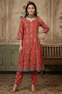 Red Rayon Ethnic Motifs Printed A-Line Kurta with Trousers and Dupatta Set