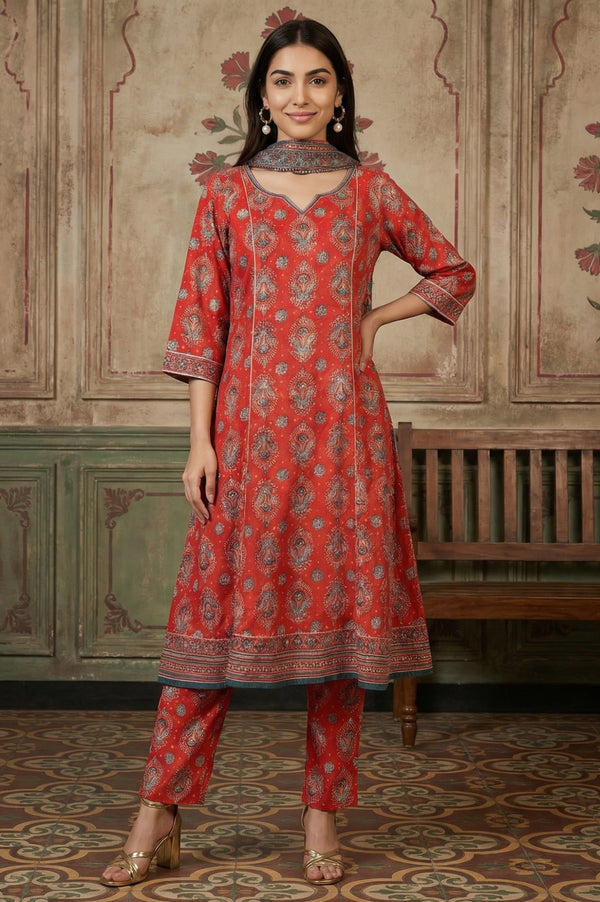 Red Rayon Ethnic Motifs Printed A-Line Kurta with Trousers and Dupatta Set