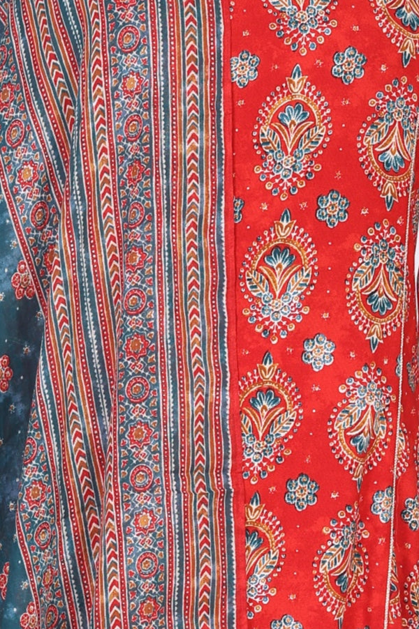 Red Rayon Ethnic Motifs Printed A-Line Kurta with Trousers and Dupatta Set