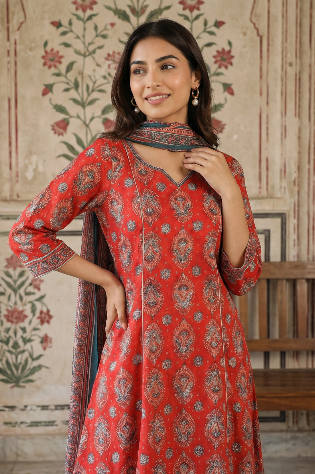 Red Rayon Ethnic Motifs Printed A-Line Kurta with Trousers and Dupatta Set