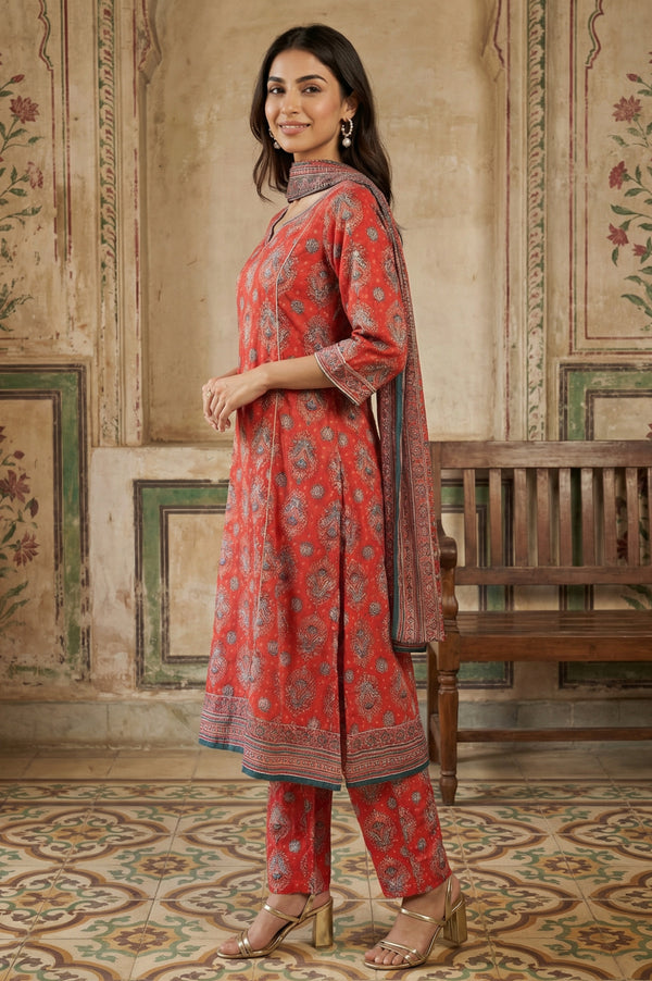 Red Rayon Ethnic Motifs Printed A-Line Kurta with Trousers and Dupatta Set