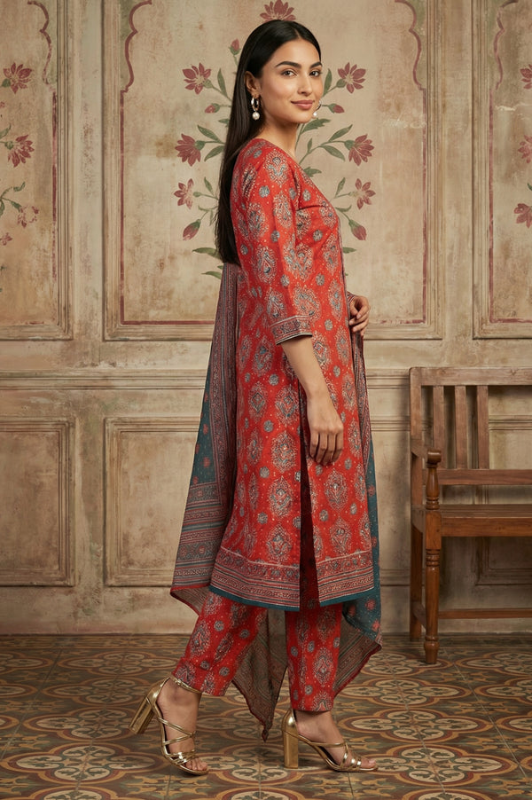 Red Rayon Ethnic Motifs Printed A-Line Kurta with Trousers and Dupatta Set