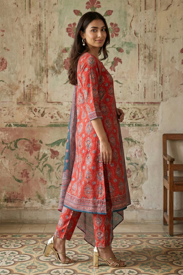 Red Rayon Ethnic Motifs Printed A-Line Kurta with Trousers and Dupatta Set