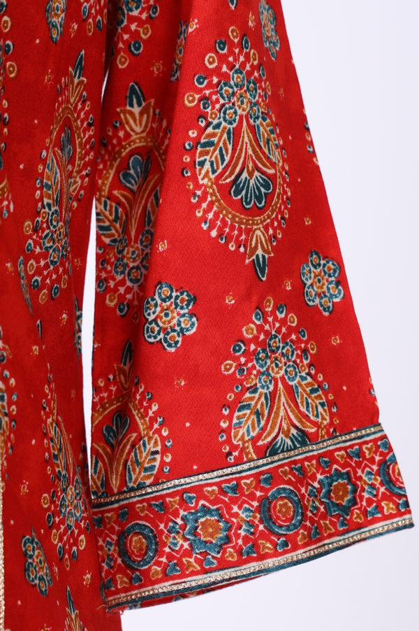 Red Rayon Ethnic Motifs Printed A-Line Kurta with Trousers and Dupatta Set
