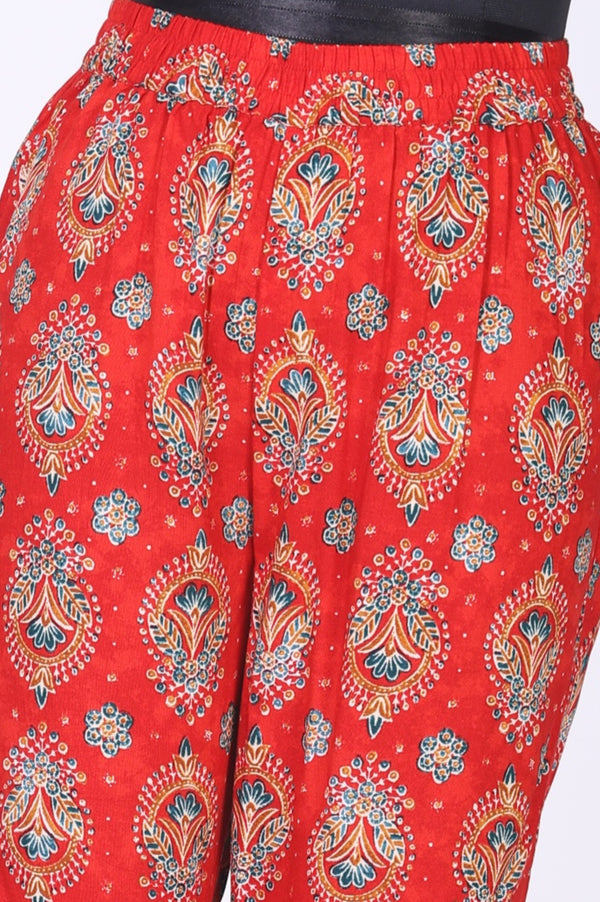 Red Rayon Ethnic Motifs Printed A-Line Kurta with Trousers and Dupatta Set