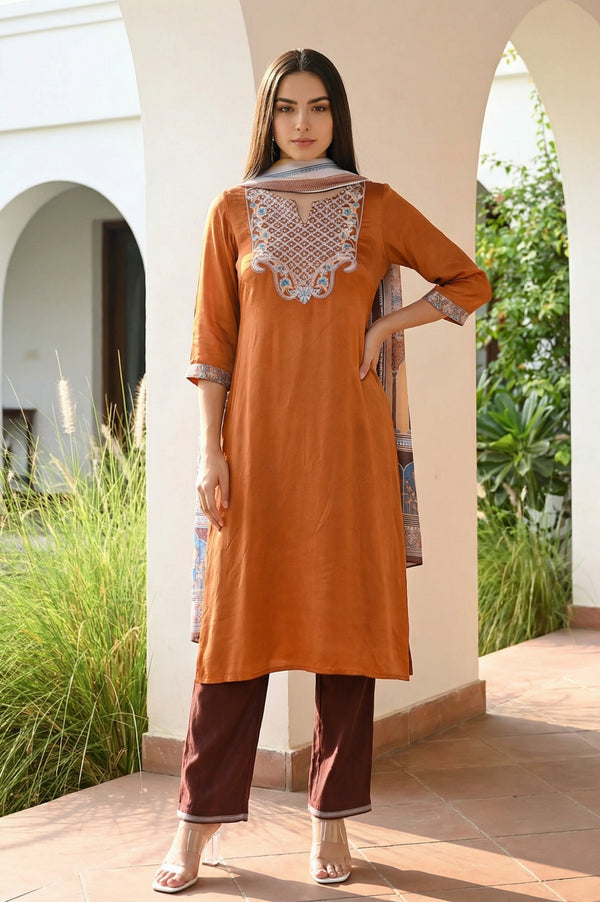 Rust Ethnic Motifs Straight Kurta with Trouser and Dupatta Set