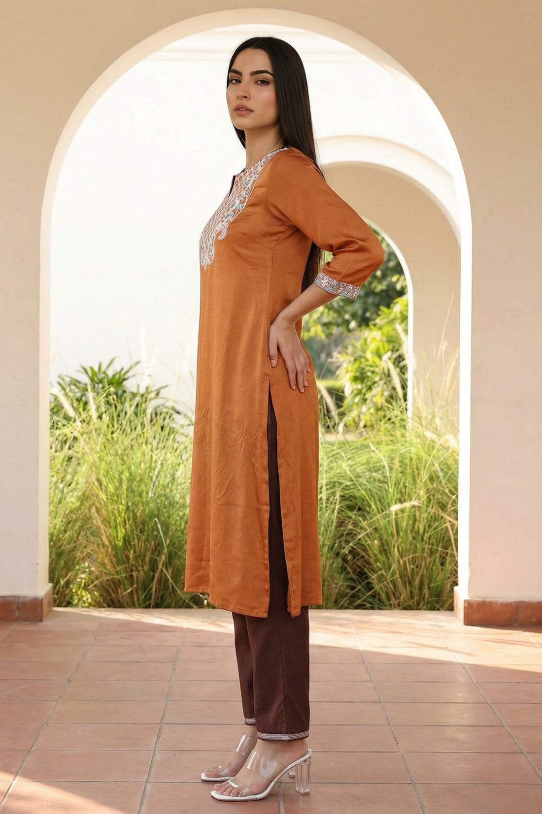 Rust Ethnic Motifs Straight Kurta with Trouser and Dupatta Set