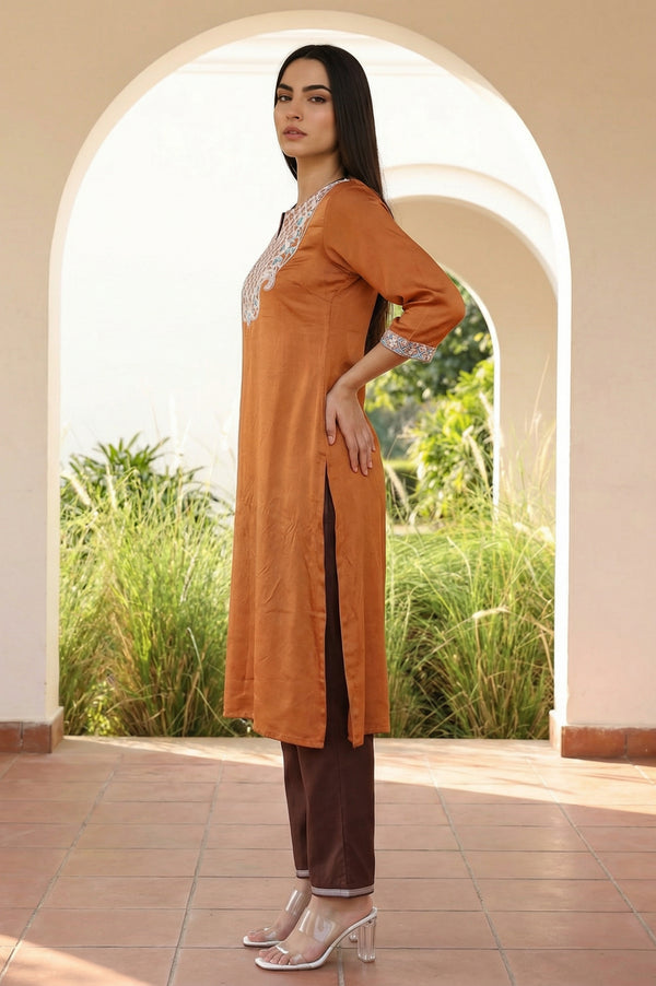 Rust Ethnic Motifs Straight Kurta with Trouser and Dupatta Set