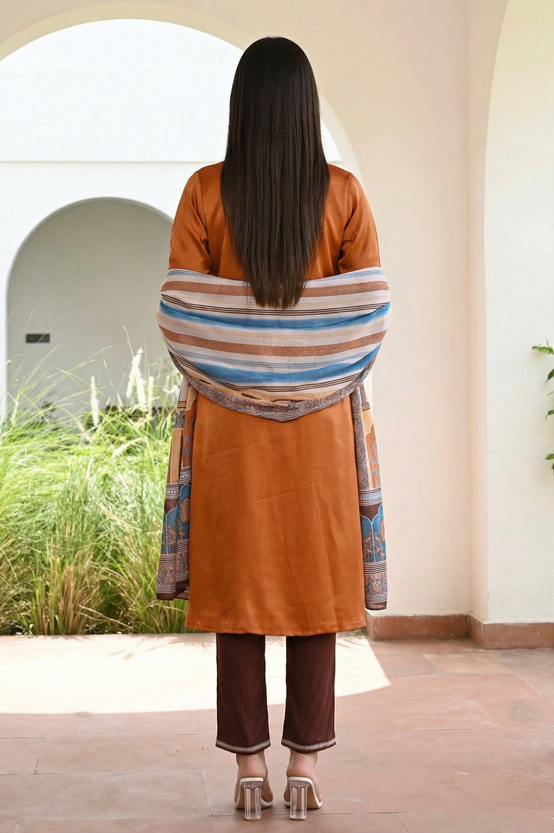 Rust Ethnic Motifs Straight Kurta with Trouser and Dupatta Set