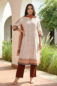 Off White Floral Printed Straight Kurta with Trouser and Dupatta Set