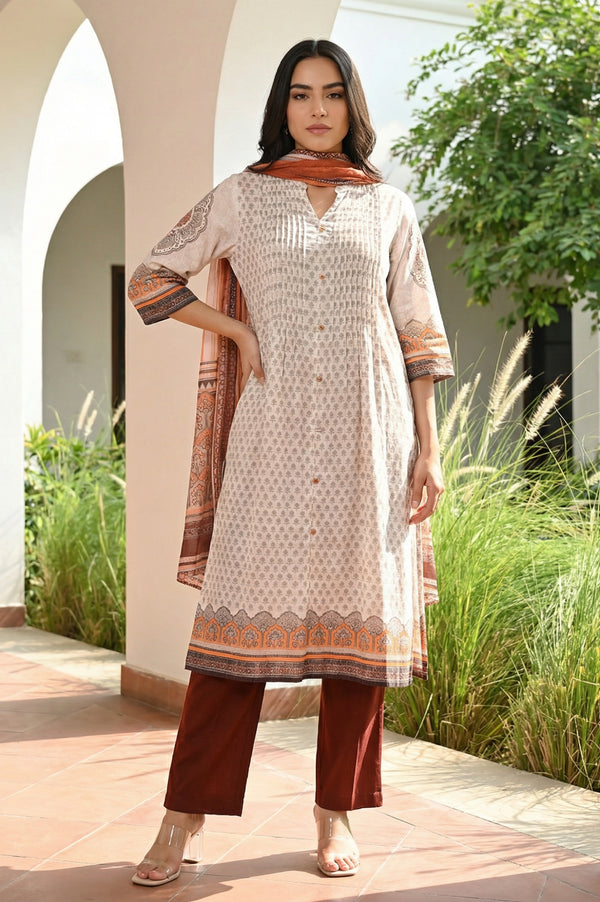 Off White Floral Printed Straight Kurta with Trouser and Dupatta Set