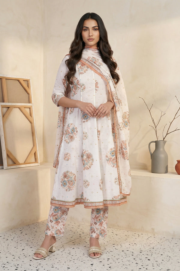 White Floral Printed Pure Cotton A-line Kurta with Trouser and Dupatta Set