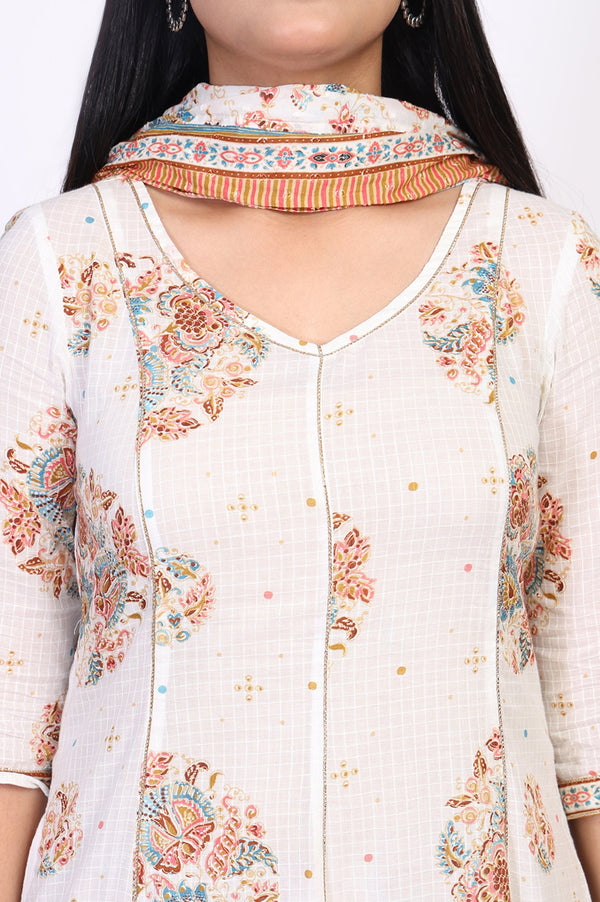 White Floral Printed Pure Cotton A-line Kurta with Trouser and Dupatta Set