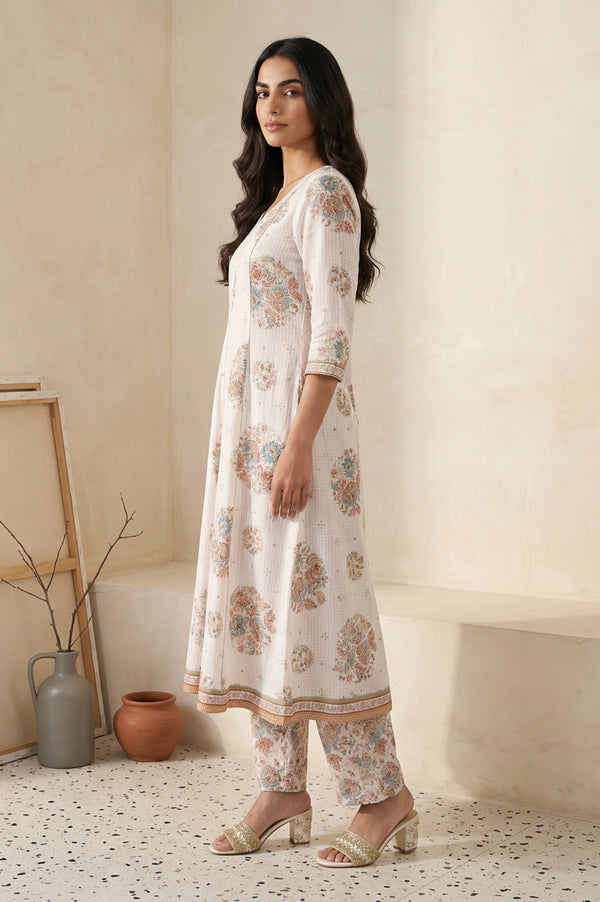 White Floral Printed Pure Cotton A-line Kurta with Trouser and Dupatta Set