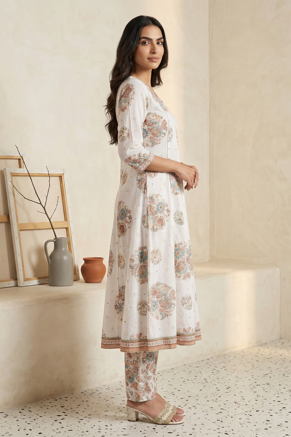 White Floral Printed Pure Cotton A-line Kurta with Trouser and Dupatta Set