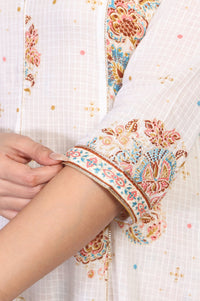 White Floral Printed Pure Cotton A-line Kurta with Trouser and Dupatta Set