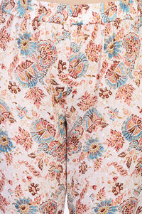 White Floral Printed Pure Cotton A-line Kurta with Trouser and Dupatta Set