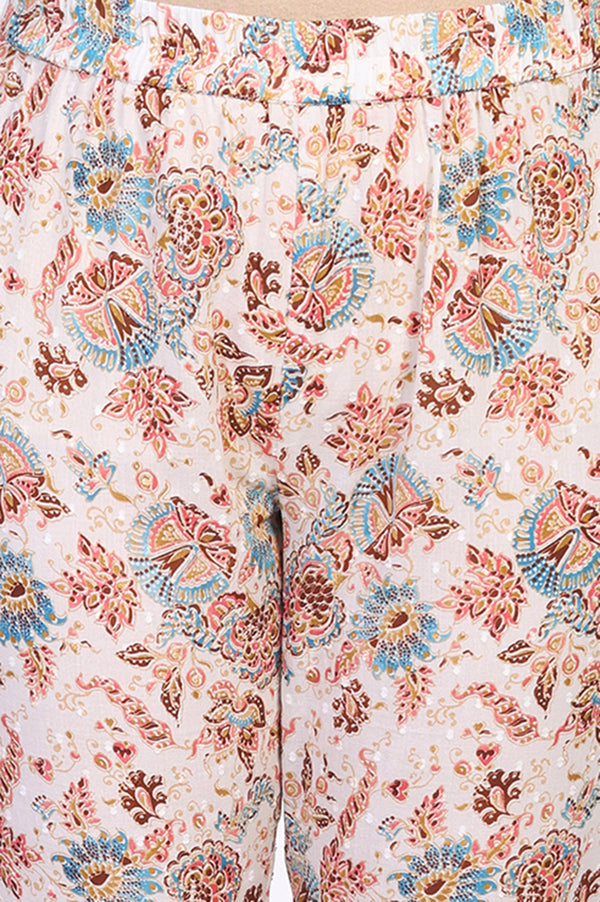 White Floral Printed Pure Cotton A-line Kurta with Trouser and Dupatta Set