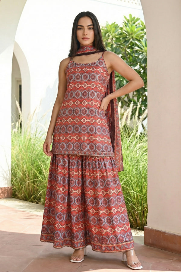 Rust Geometric Printed Straight Strappy Kurti wth Skirt and Dupatta Set