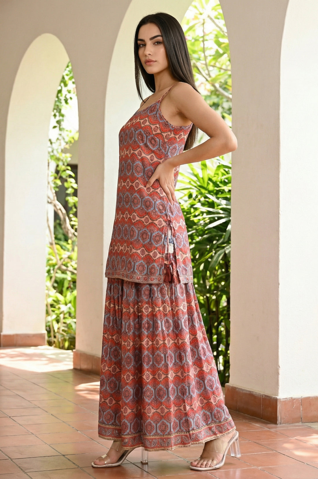 Rust Geometric Printed Straight Strappy Kurti wth Skirt and Dupatta Set