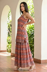 Rust Geometric Printed Straight Strappy Kurti wth Skirt and Dupatta Set