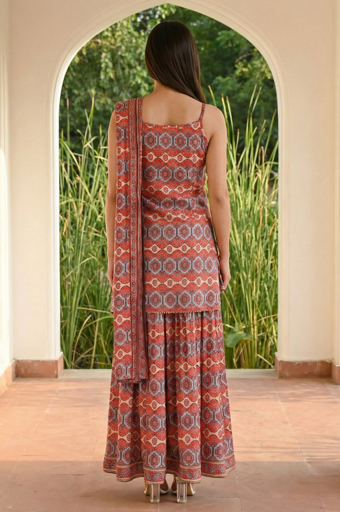 Rust Geometric Printed Straight Strappy Kurti wth Skirt and Dupatta Set