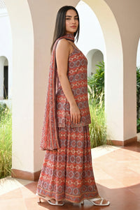 Rust Geometric Printed Straight Strappy Kurti wth Skirt and Dupatta Set
