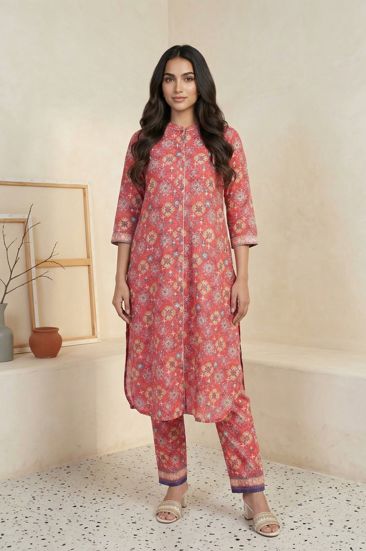 Red Floral Print Straight Kurta with Trousers Co-ord Set - XS