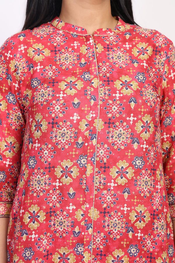 Red Floral Print Straight Kurta with Trousers Co-ord Set