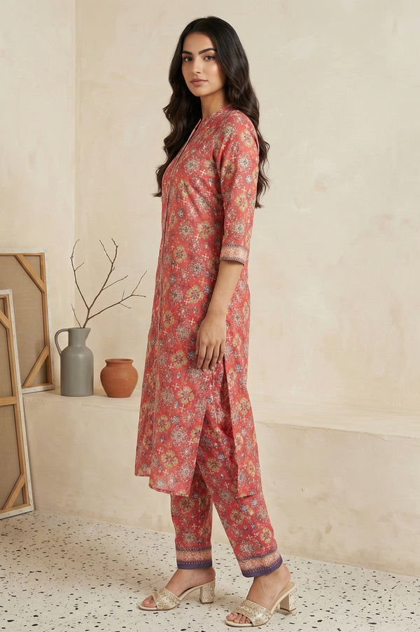 Red Floral Print Straight Kurta with Trousers Co-ord Set