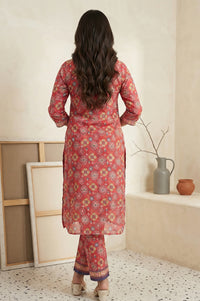 Red Floral Print Straight Kurta with Trousers Co-ord Set