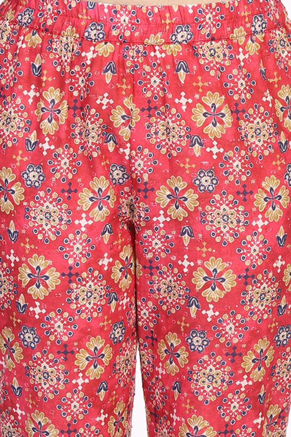 Red Floral Print Straight Kurta with Trousers Co-ord Set