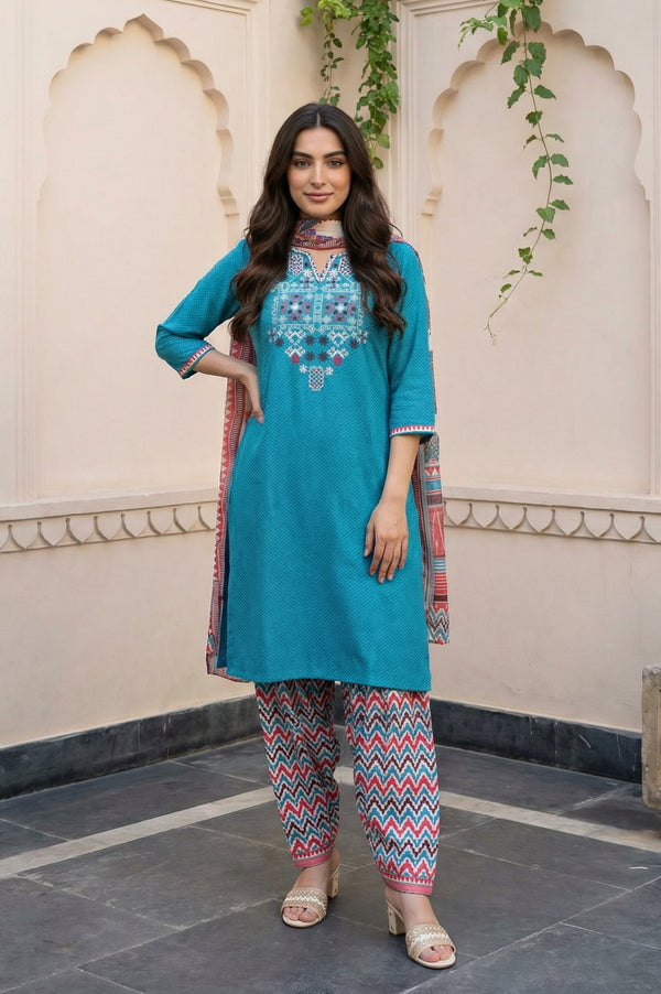 Teal Embroidered Straight Kurta with Salwar and Dupatta Set