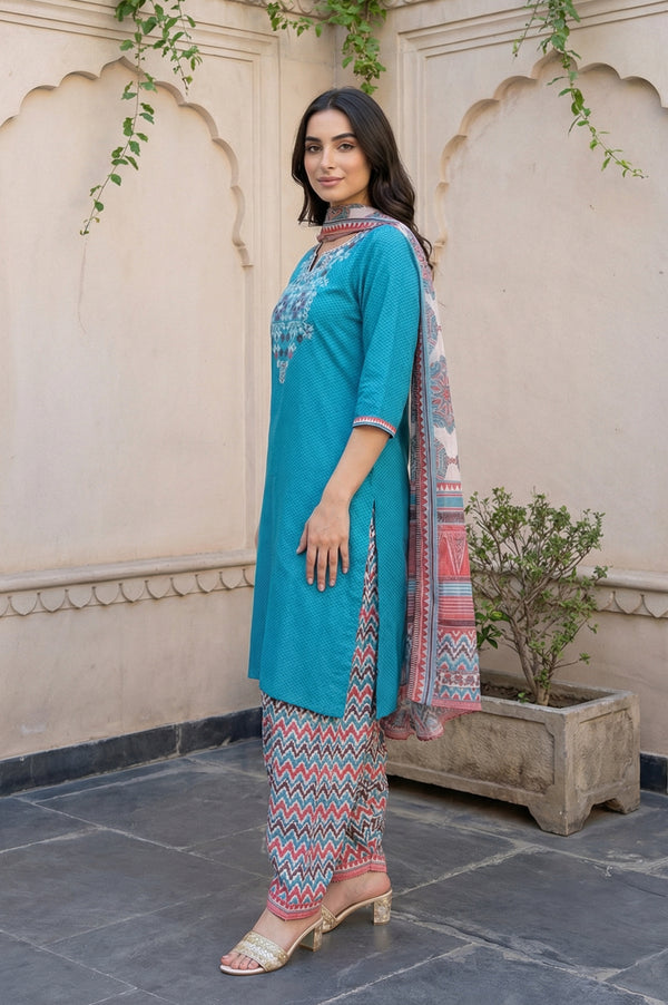 Teal Embroidered Straight Kurta with Salwar and Dupatta Set