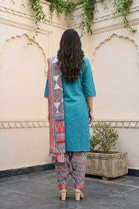 Teal Embroidered Straight Kurta with Salwar and Dupatta Set