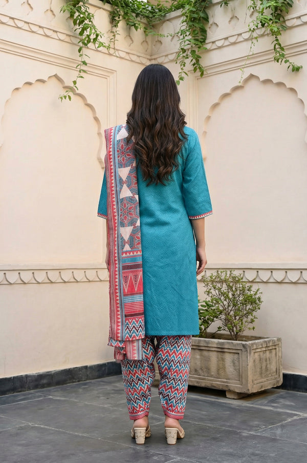 Teal Embroidered Straight Kurta with Salwar and Dupatta Set