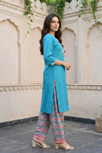 Teal Embroidered Straight Kurta with Salwar and Dupatta Set