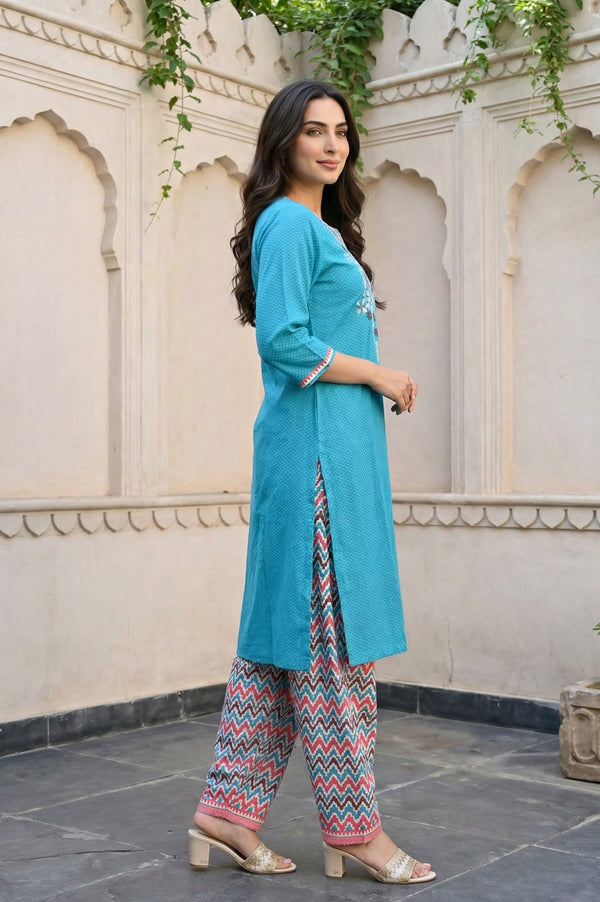Teal Embroidered Straight Kurta with Salwar and Dupatta Set