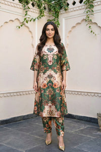 Green Floral Printed Straight Kurta with Trouser Set