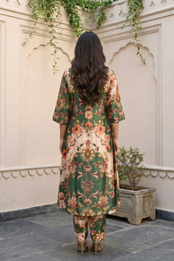 Green Floral Printed Straight Kurta with Trouser Set