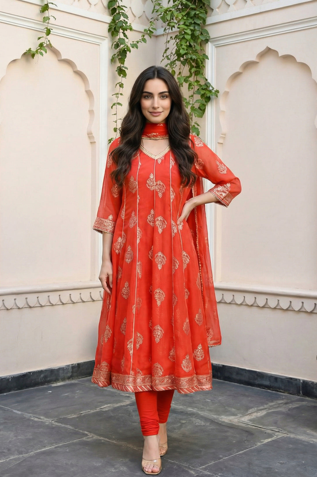 Red Floral Foil Printed Anarkali Kurta with Tights and Dupatta Set