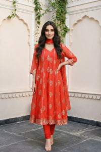 Red Floral Foil Printed Anarkali Kurta with Tights and Dupatta Set