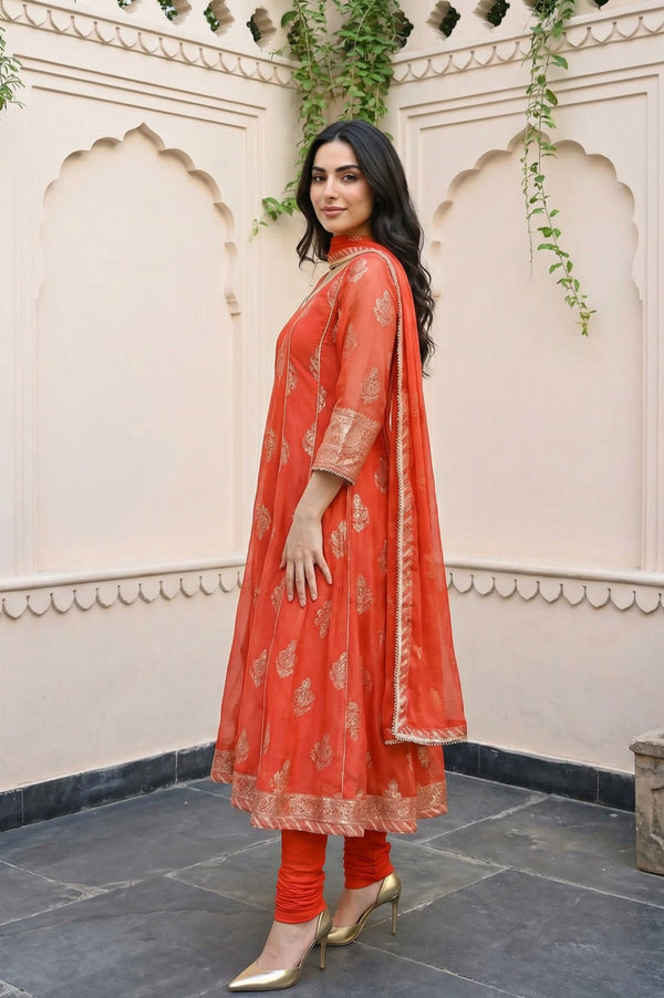 Red Floral Foil Printed Anarkali Kurta with Tights and Dupatta Set