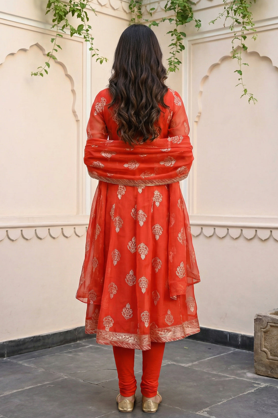 Red Floral Foil Printed Anarkali Kurta with Tights and Dupatta Set