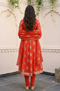 Red Floral Foil Printed Anarkali Kurta with Tights and Dupatta Set