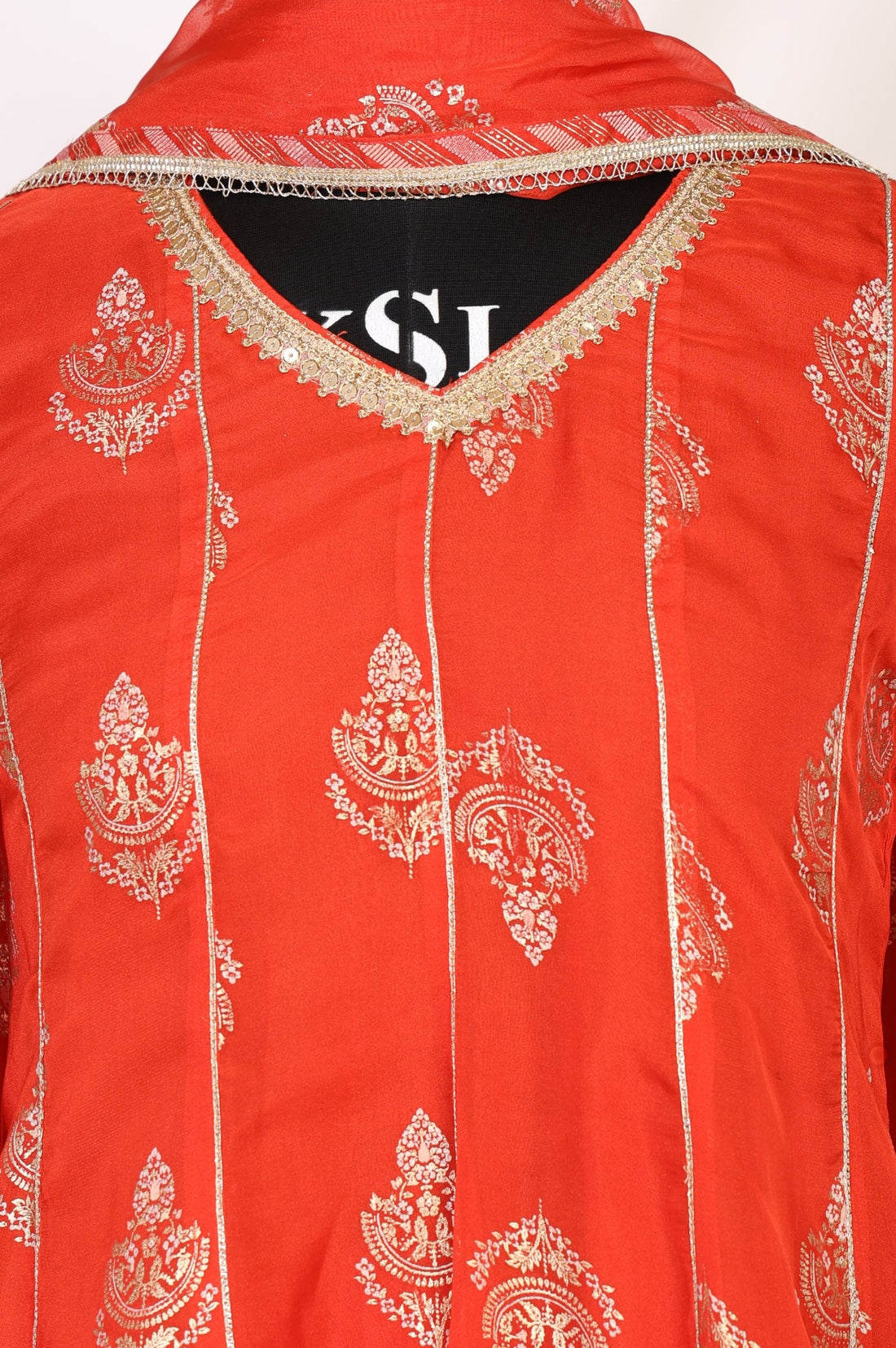 Red Floral Foil Printed Anarkali Kurta with Tights and Dupatta Set