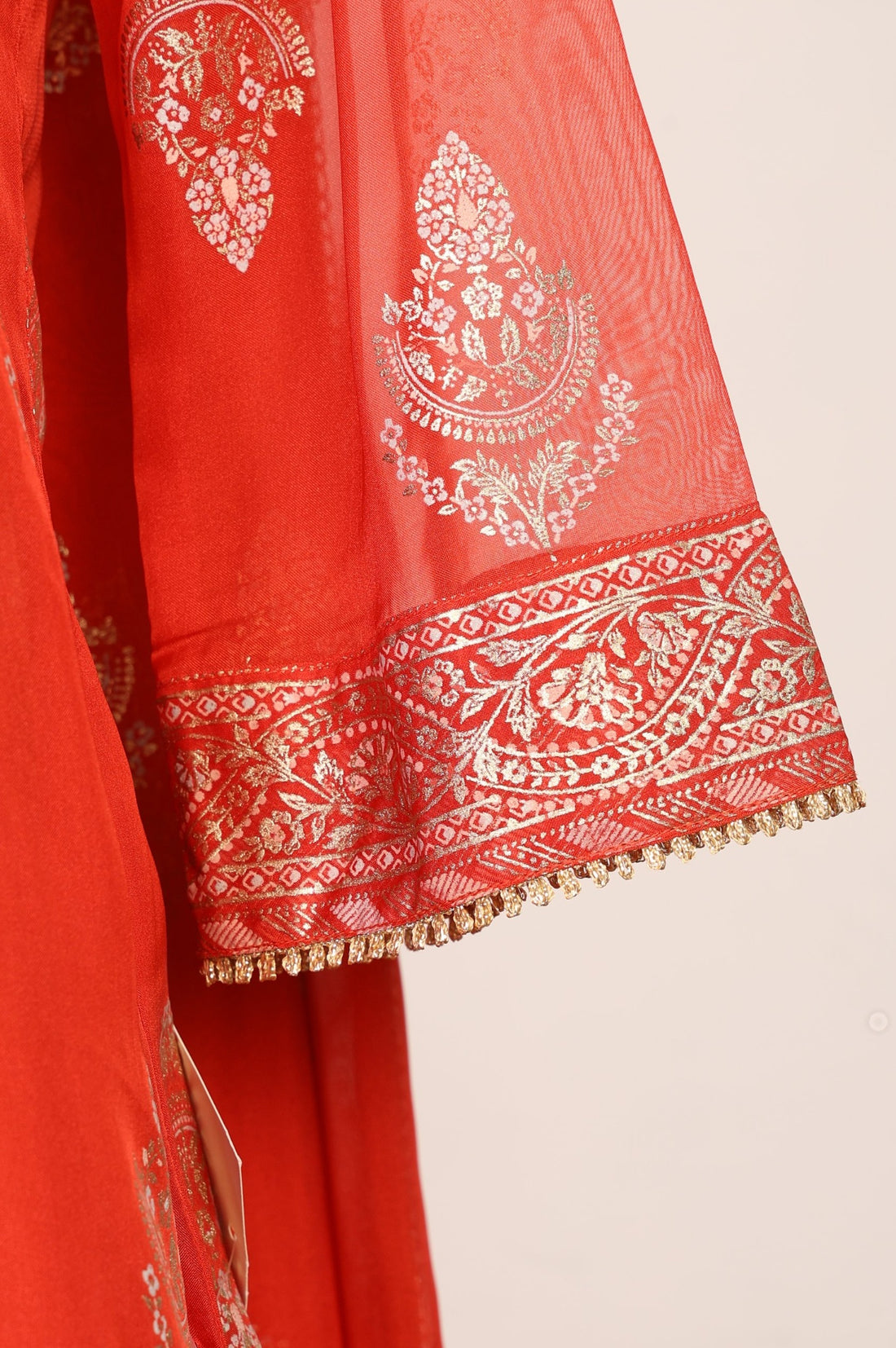 Red Floral Foil Printed Anarkali Kurta with Tights and Dupatta Set