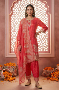 Red Foil Printed Shantung Straight Kurta with Salwar and Dupatta Set