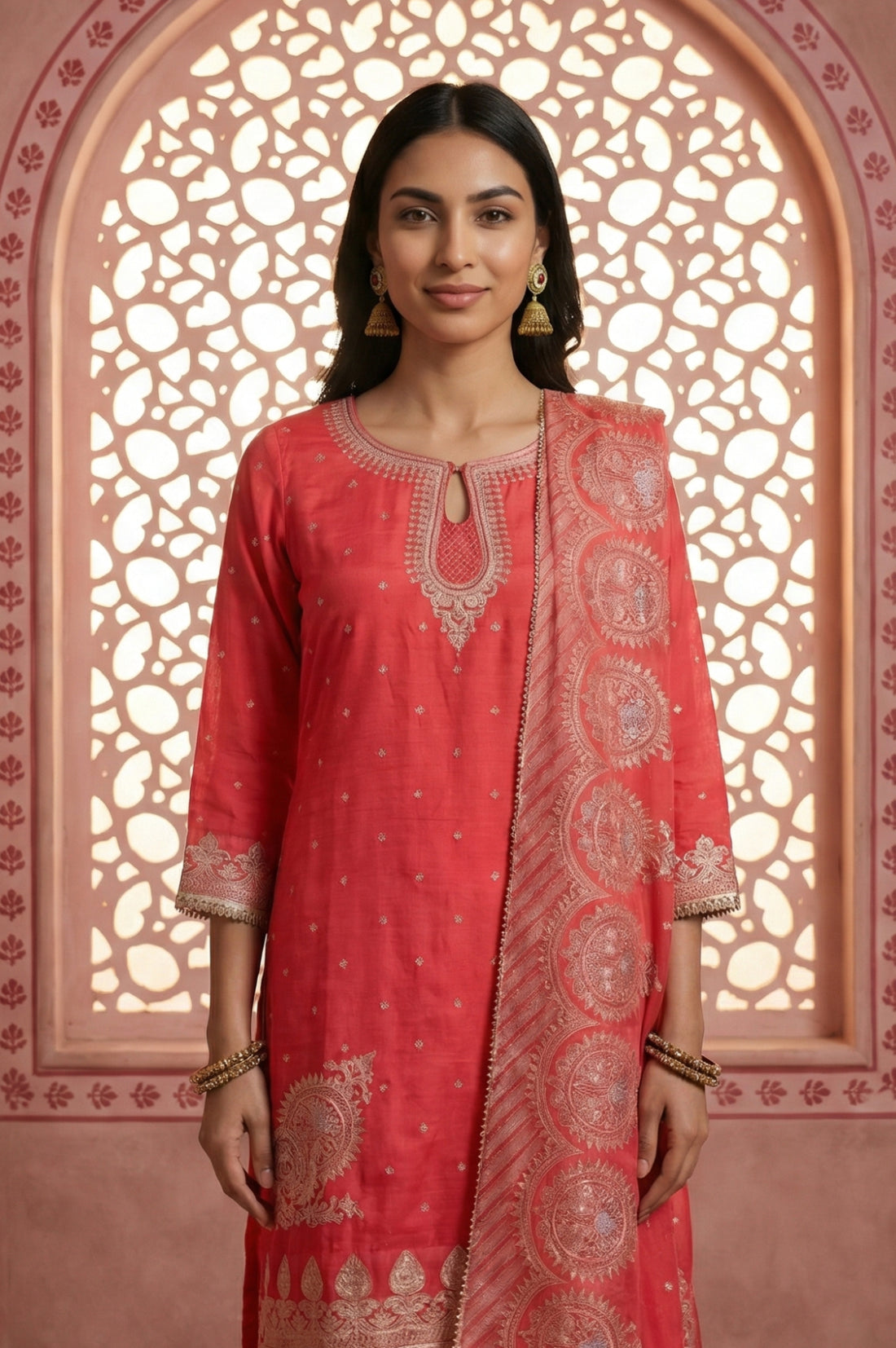 Red Foil Printed Shantung Straight Kurta with Salwar and Dupatta Set